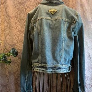 AEO Cropped Denim Trucker Jacket Jeans Back Diamond Appliqué Distressed
